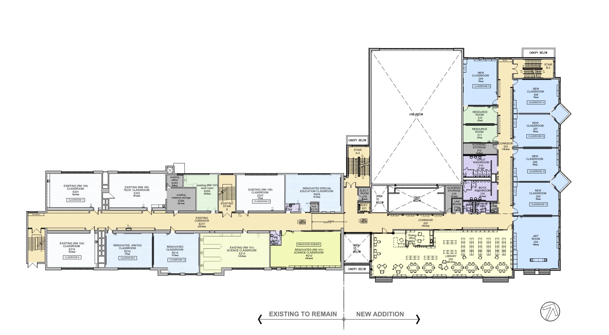 Second floor plan looking down from above depicting instructional & operations spaces situated on the second floor after the project is completed. Open Gallery